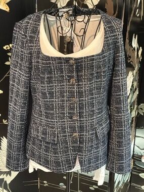 Leona Cher Navy Plaid Tweed Square Neck Blazer Jacket Small NWT